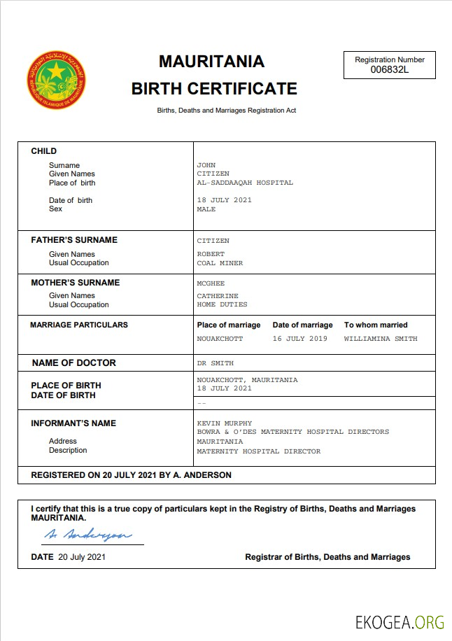 Modèle Word et PDF d'acte de naissance en Mauritanie